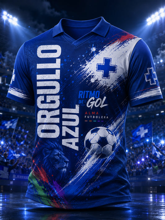 Camiseta de cuello en V con estampado artístico de animación futbolística de la Cruz Azul mexicana para hombre