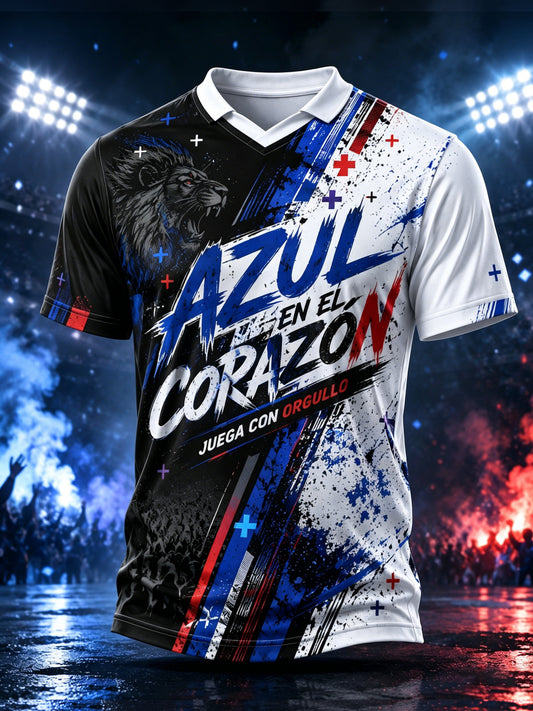 Camiseta de cuello en V con estampado artístico de animación futbolística de la Cruz Azul mexicana para hombre