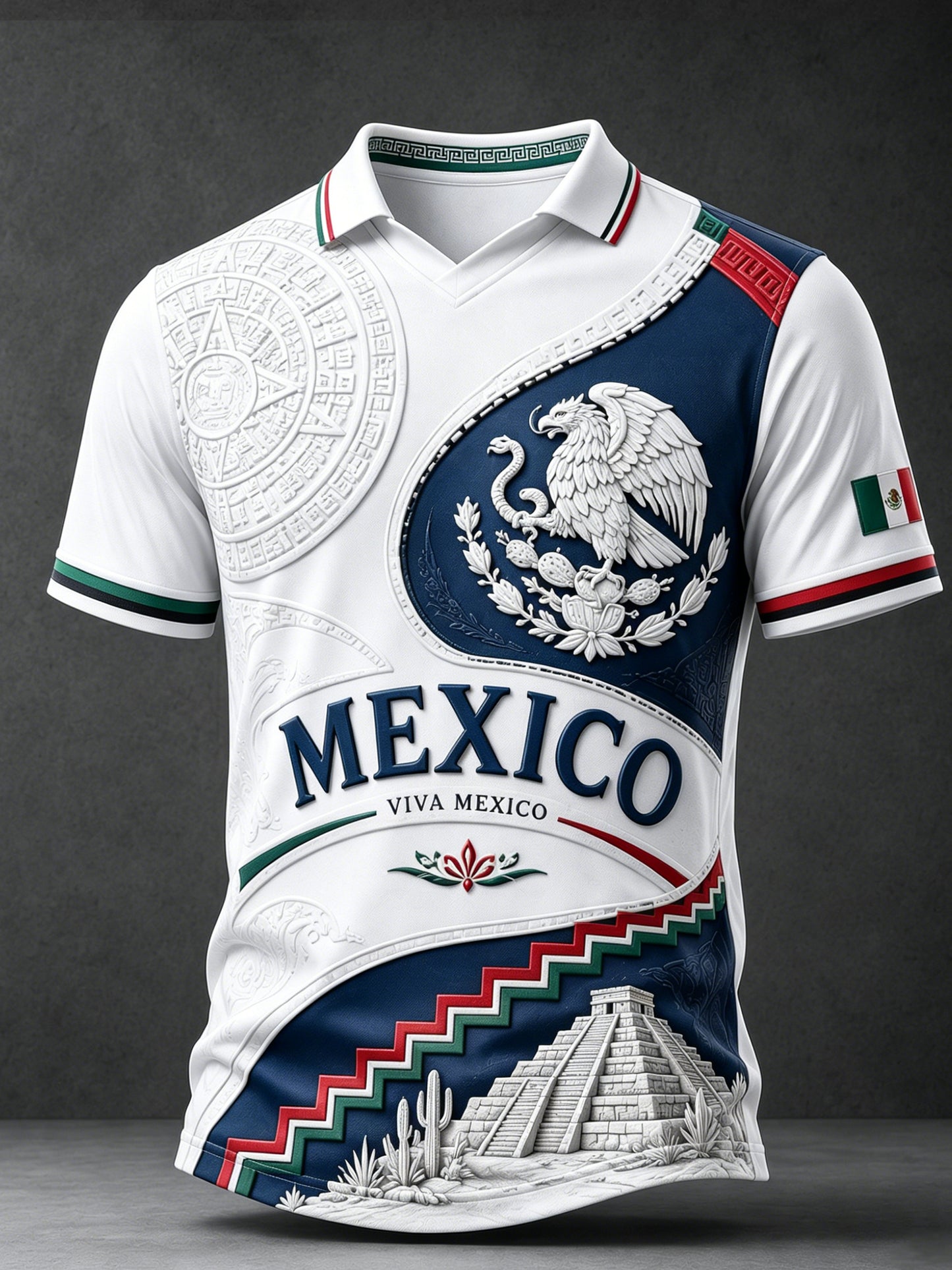 Camiseta de cuello en V con estampado artístico para animar al fútbol mexicano masculino