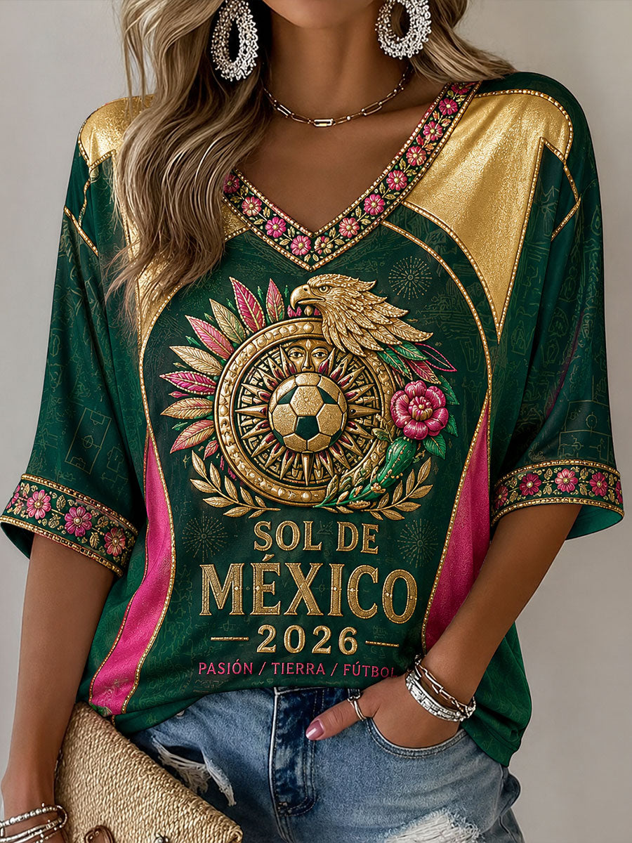 Camisetas casuales con estampado artístico para amantes del fútbol mexicano, diseño para mujer