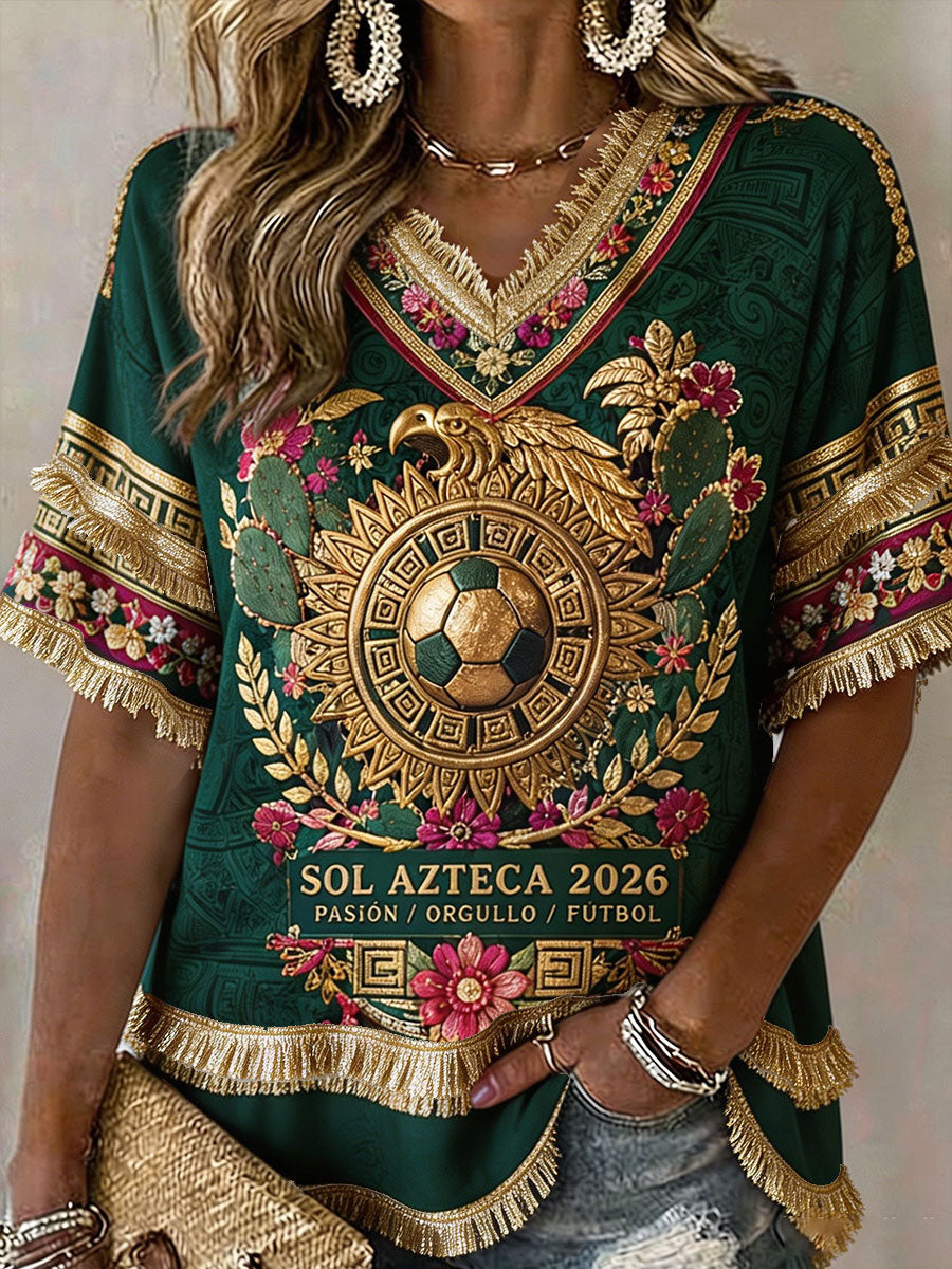 Camisetas de lino estampadas con diseño artístico para amantes del fútbol mexicano, para mujer