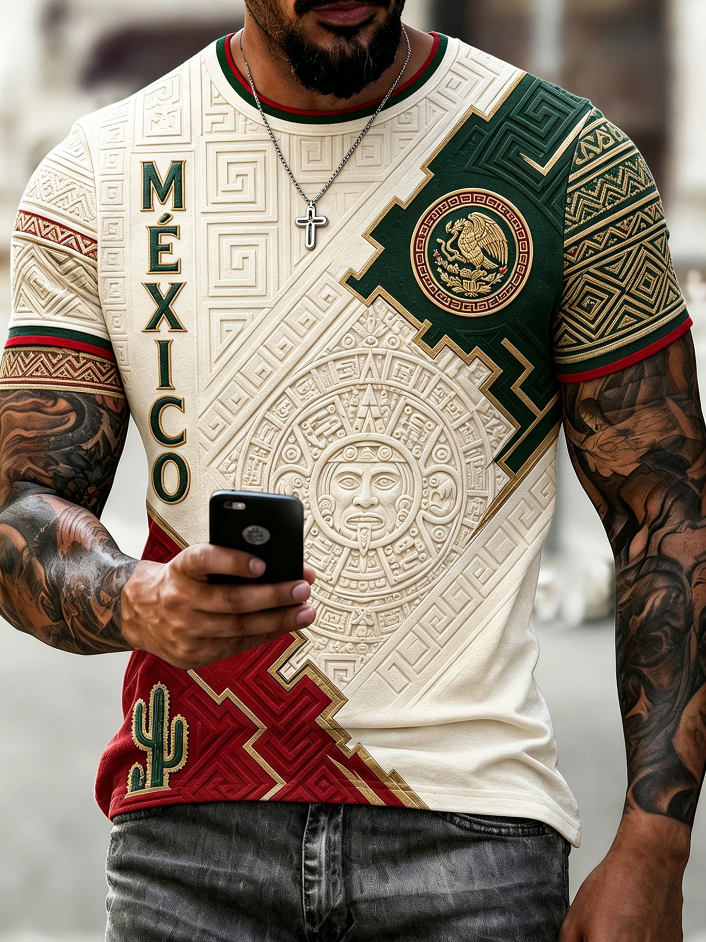Camiseta estampada para hombre con diseño mexicano de fútbol y elemento totema azteca