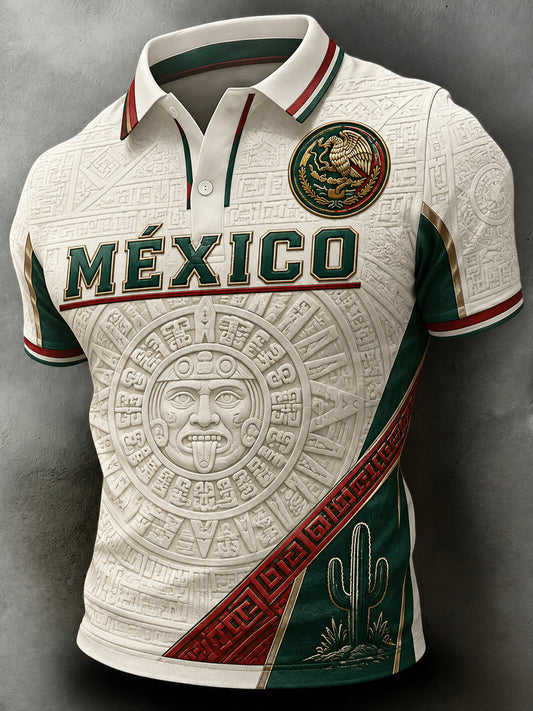 Camiseta polo con estampado artístico para hombre, diseño mexicano de fútbol y tótem azteca