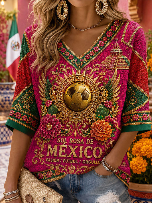Camiseta de lino con estampado artístico para amantes del fútbol mexicano, diseño para mujer