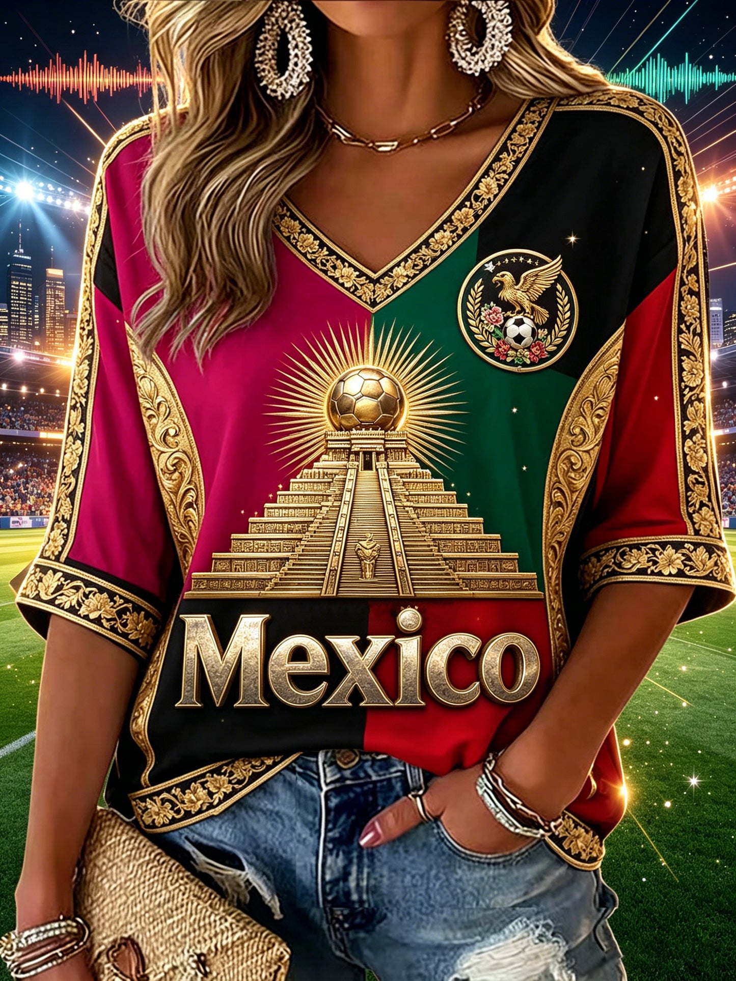Top con cuello en V para mujer de fútbol mexicano Cheering Fan Element Art Print