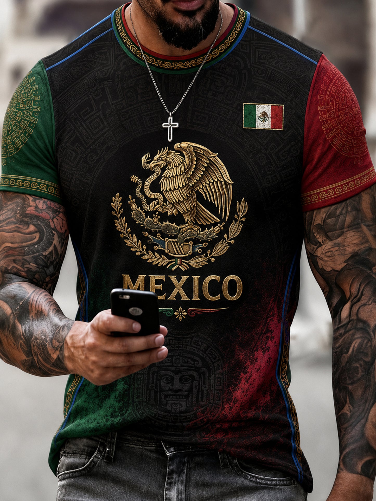 Camiseta con estampado artístico temático para aficionados al fútbol mexicano masculino