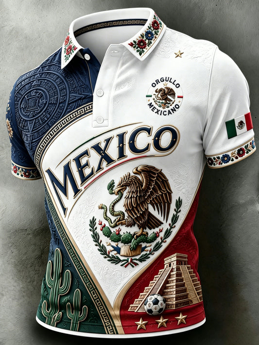 Camisa polo para hombre con estampado artístico de tótem tradicional, relieve y textura, ideal para alentar al fútbol mexicano