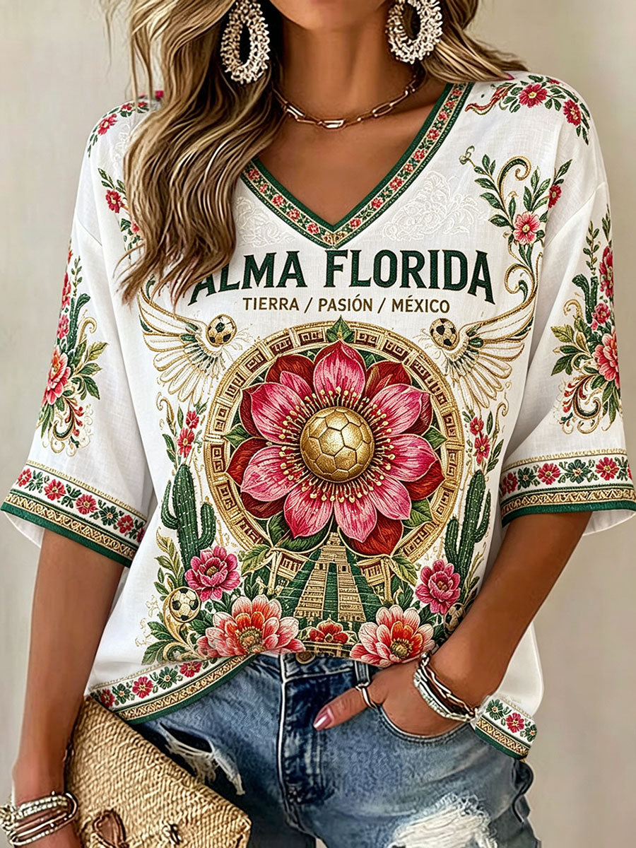 Camiseta estampada con diseño artístico para amantes del fútbol mexicano, para mujer