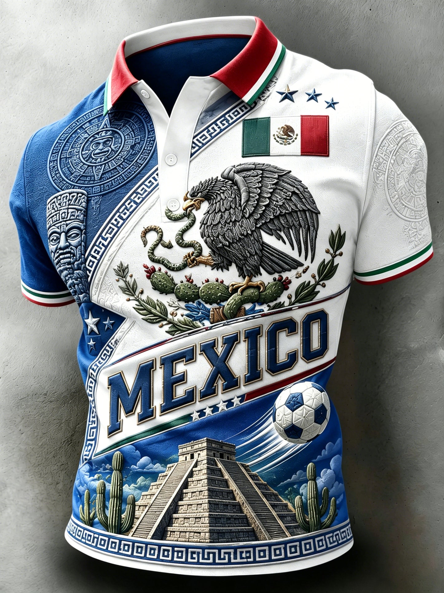 Camisa polo para hombre con estampado artístico de tótem tradicional, relieve y textura, ideal para alentar al fútbol mexicano