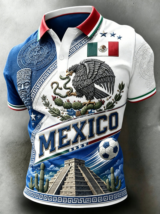 Camisa polo para hombre con estampado artístico de tótem tradicional, relieve y textura, ideal para alentar al fútbol mexicano