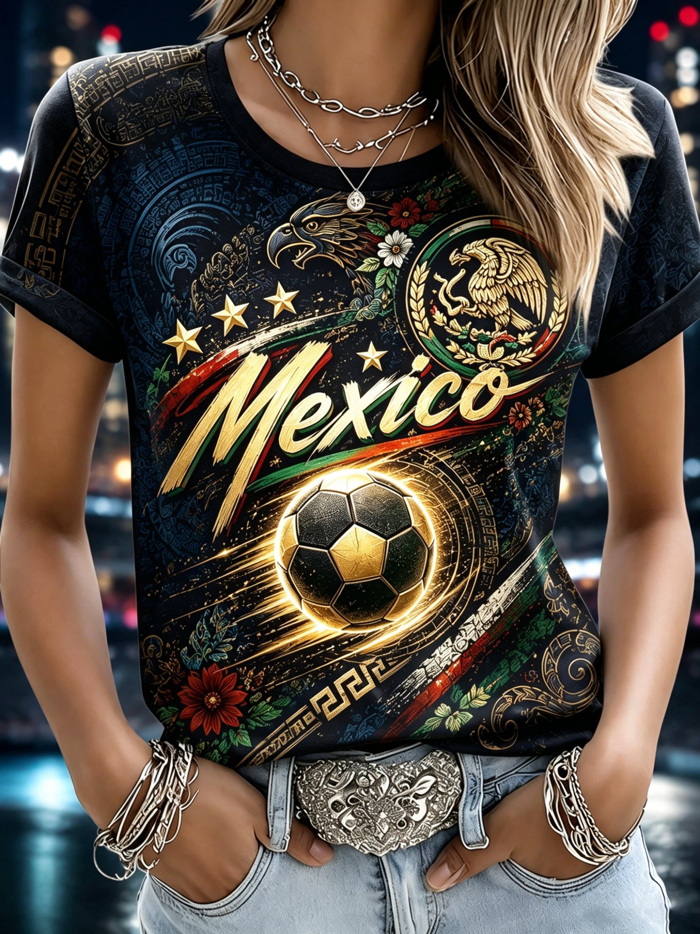 Camiseta con estampado artístico de animación, diseño tradicional mexicano con tótem para fútbol femenino