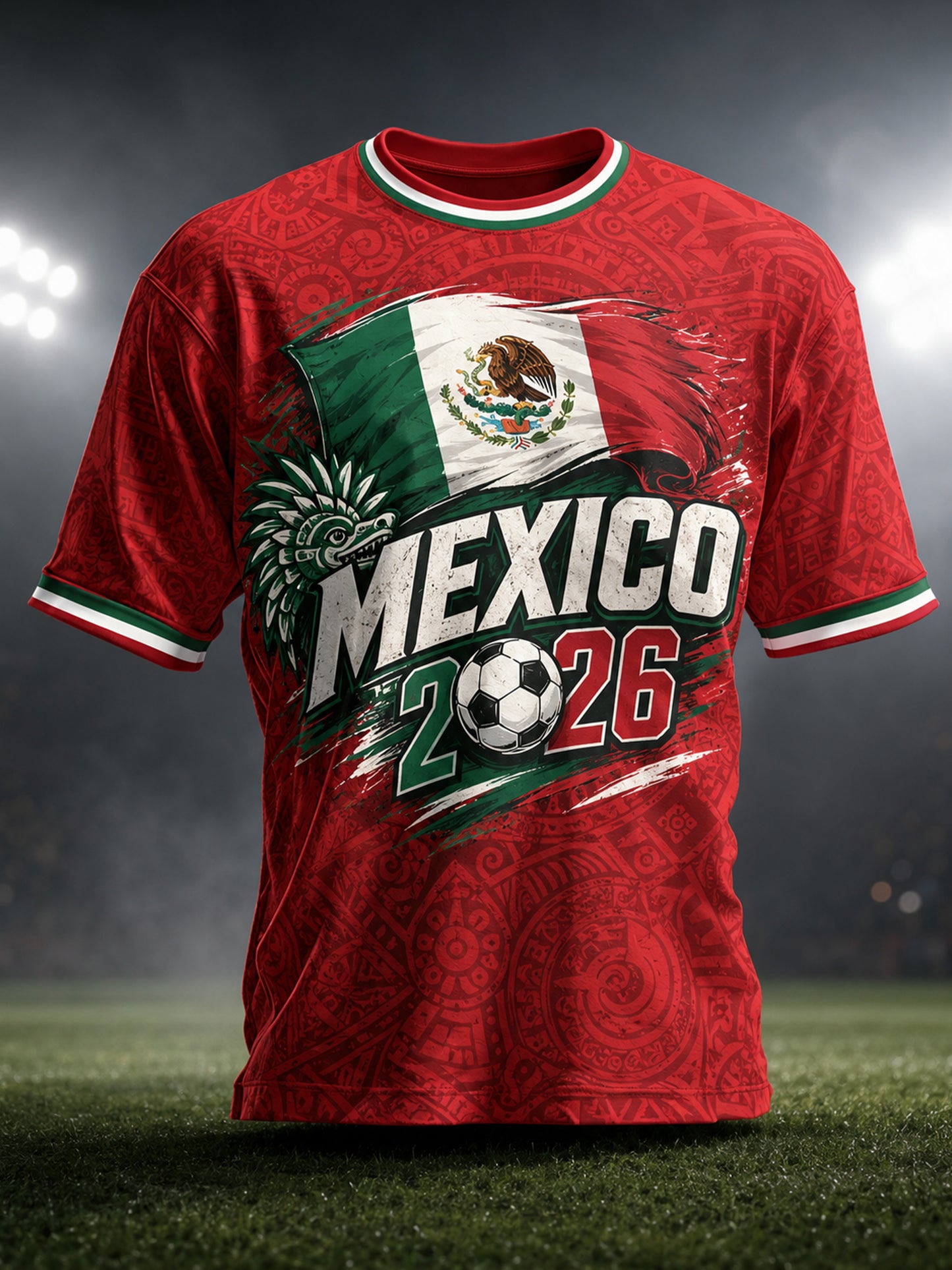 Símbolos tradicionales de fútbol mexicano de los hombres que apoya la camiseta de la impresión del arte del ventilador