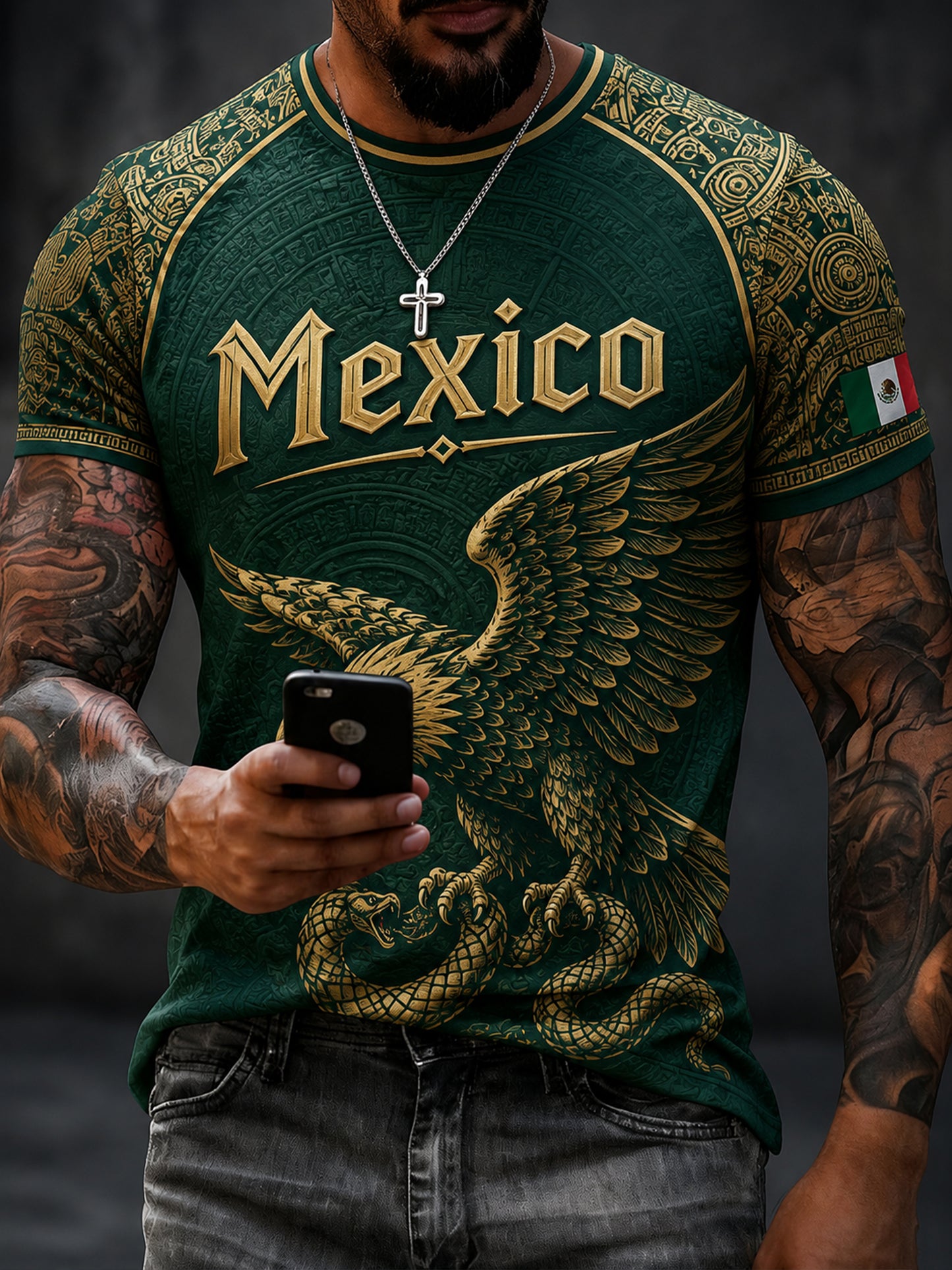 Camiseta estampada de arte para aficionados, con símbolos tradicionales del fútbol mexicano para hombres