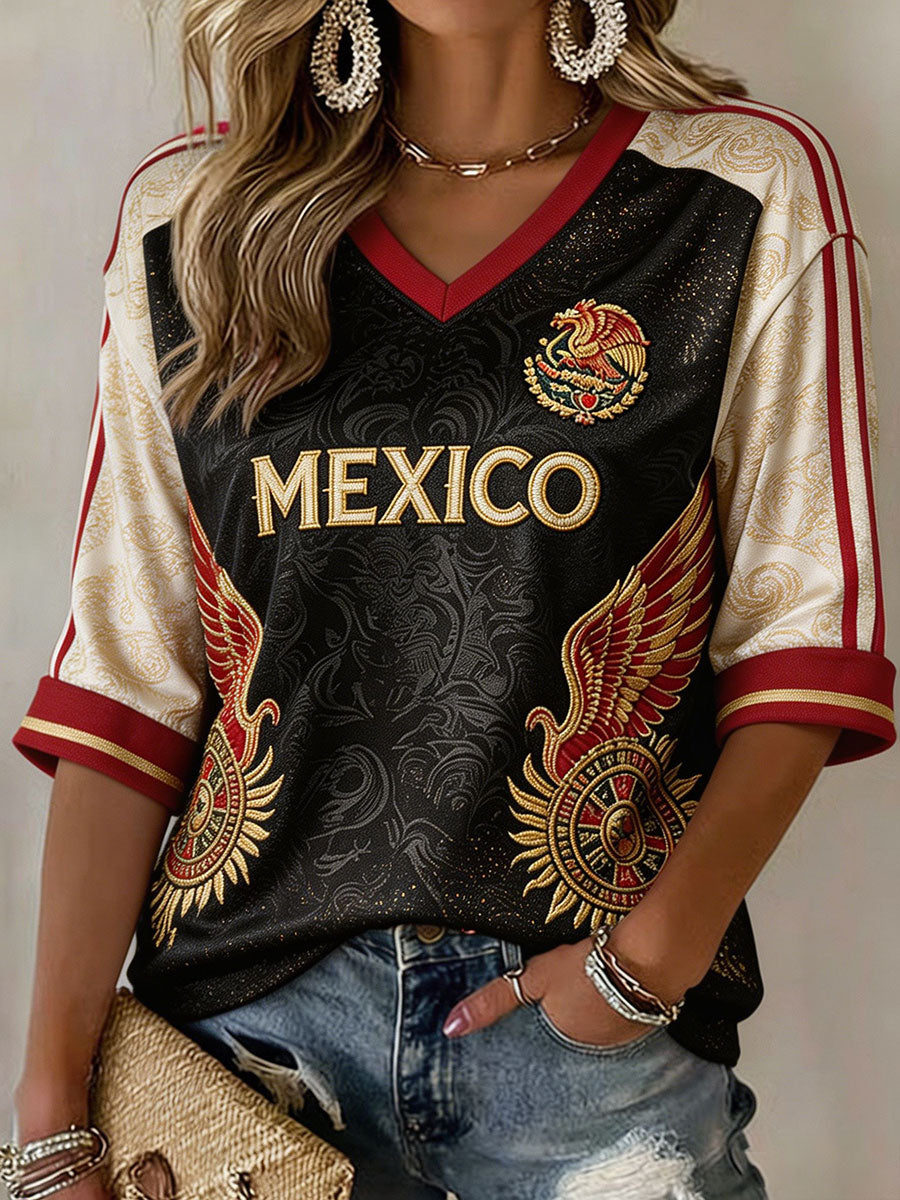 Camiseta estampada con diseño artístico para amantes del fútbol mexicano, para mujer