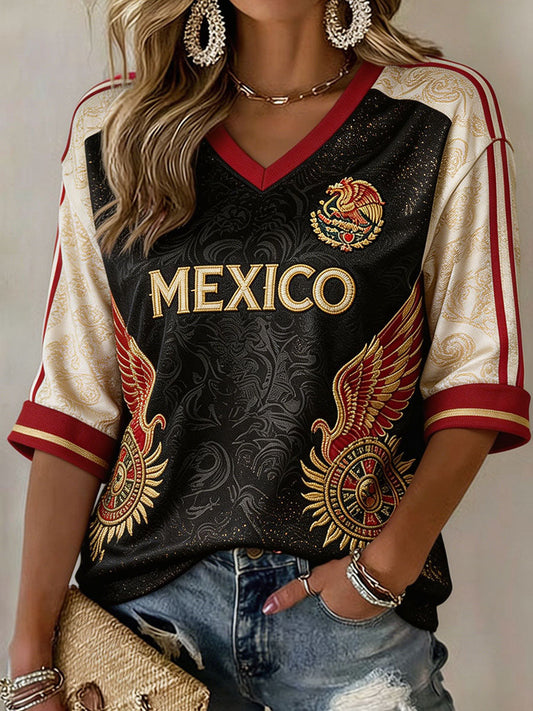 Camiseta estampada con diseño artístico para amantes del fútbol mexicano, para mujer