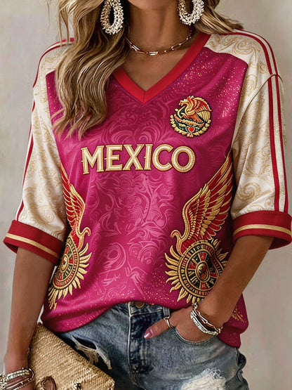 Camiseta estampada con diseño artístico para amantes del fútbol mexicano, para mujer