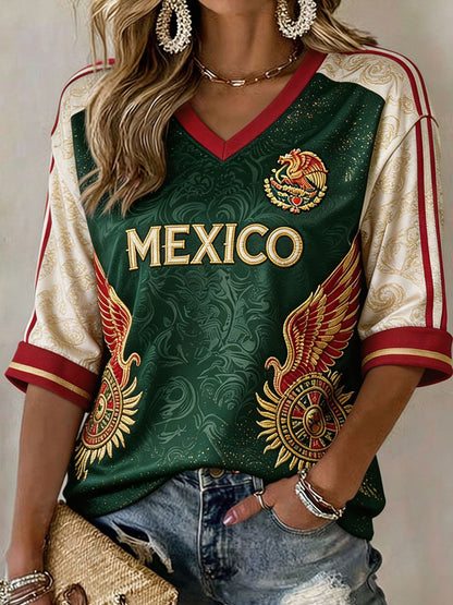 Camiseta estampada con diseño artístico para amantes del fútbol mexicano, para mujer