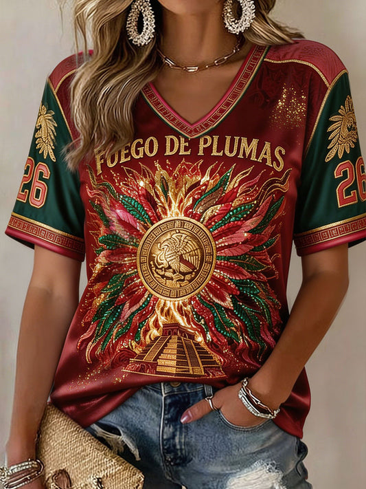 Camiseta estampada con diseño artístico para amantes del fútbol mexicano, para mujer
