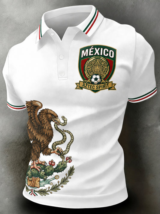 Polo con estampado artístico de elementos de animación del fútbol mexicano para hombre