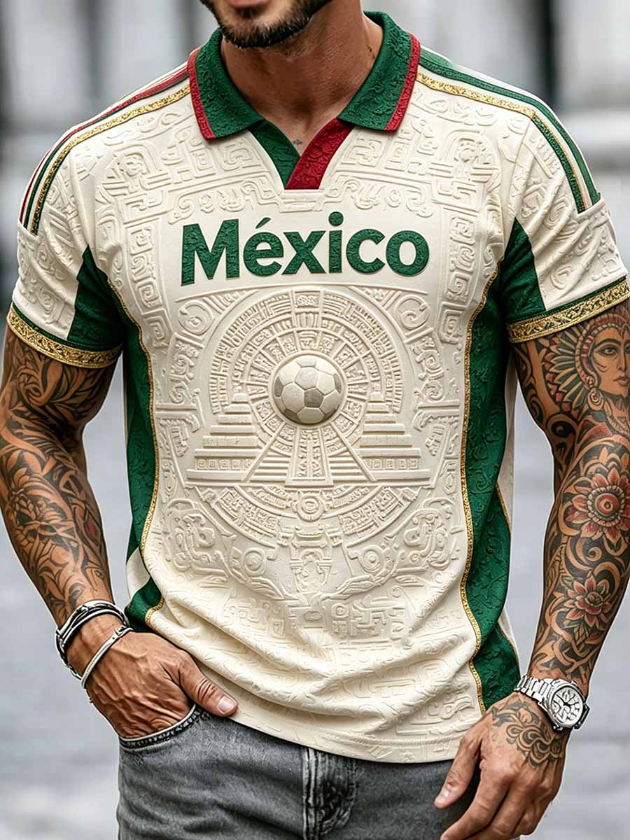 Polo casual con estampado de fútbol mexicano para hombre