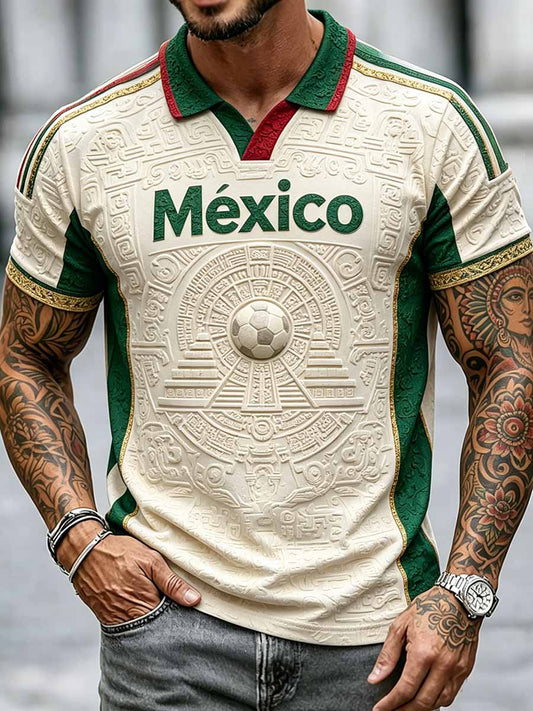 Polo casual con estampado de fútbol mexicano para hombre