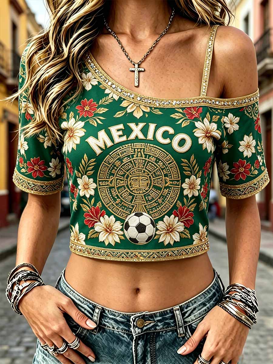 Camiseta casual con estampado de fútbol mexicano para mujer