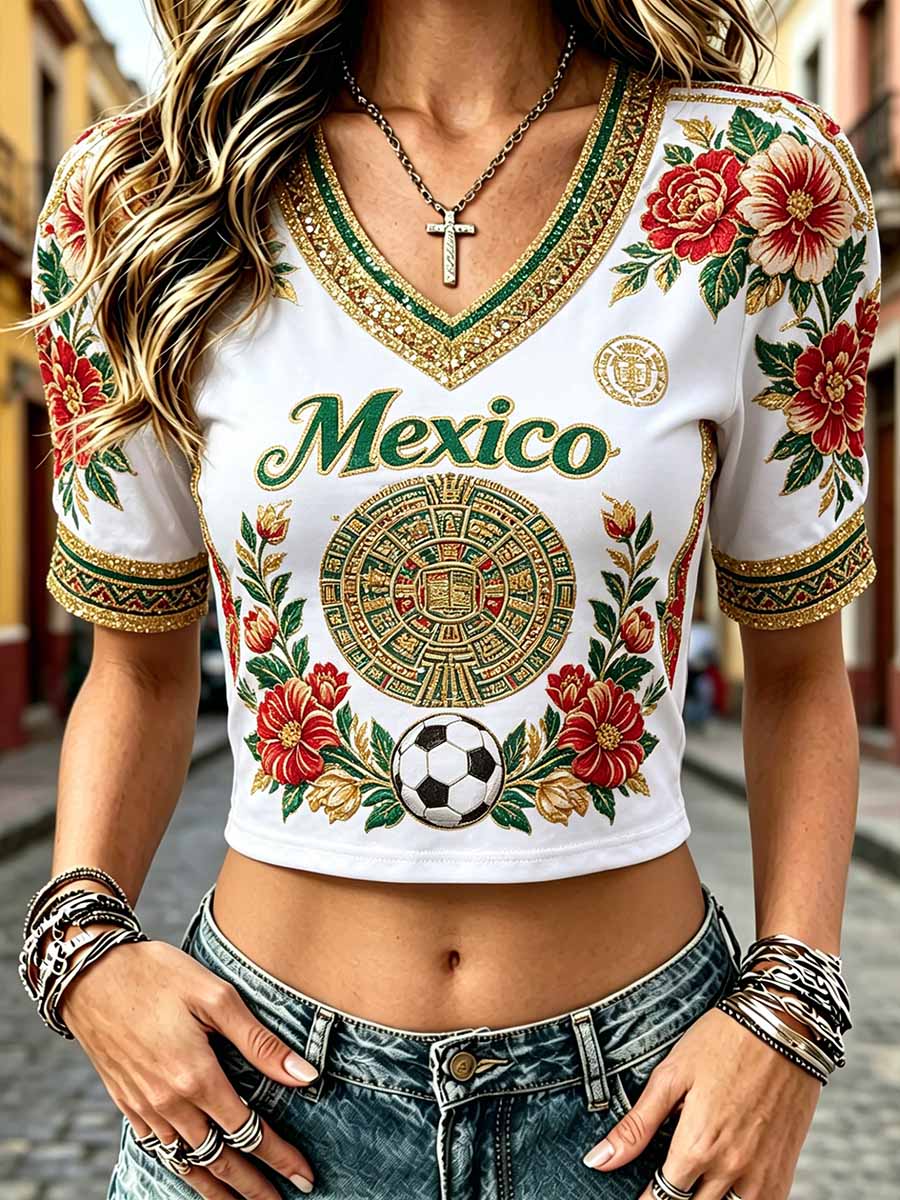 Camiseta casual estampada de fútbol de México de moda para mujer