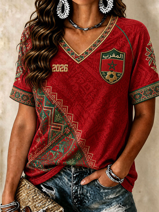 Camisetas de fútbol marroquí para mujer con cuello en V