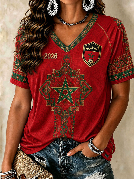 Camisetas de fútbol marroquí para mujer con cuello en V