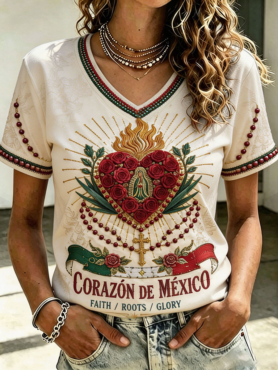 Camiseta estampada con diseño artístico para amantes del fútbol mexicano, para mujer