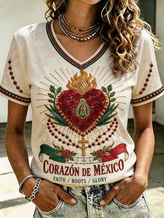 Camiseta estampada con diseño artístico para amantes del fútbol mexicano, para mujer