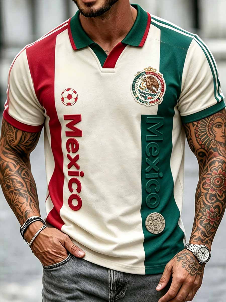 Polo casual para hombre con estampado de fútbol mexicano