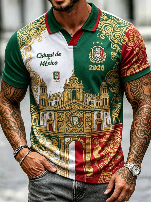 Polo casual para hombre con estampado de fútbol mexicano