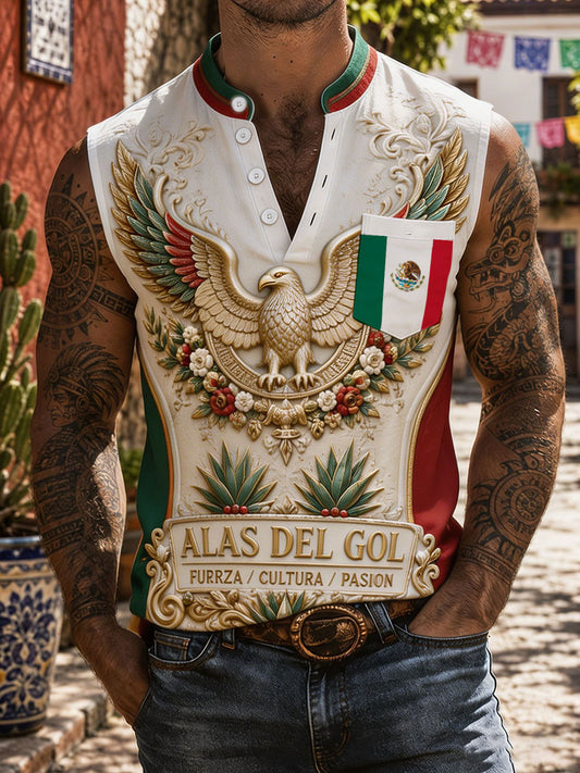 Camisetas sin mangas de lino con estampado artístico del orgullo mexicano para hombre