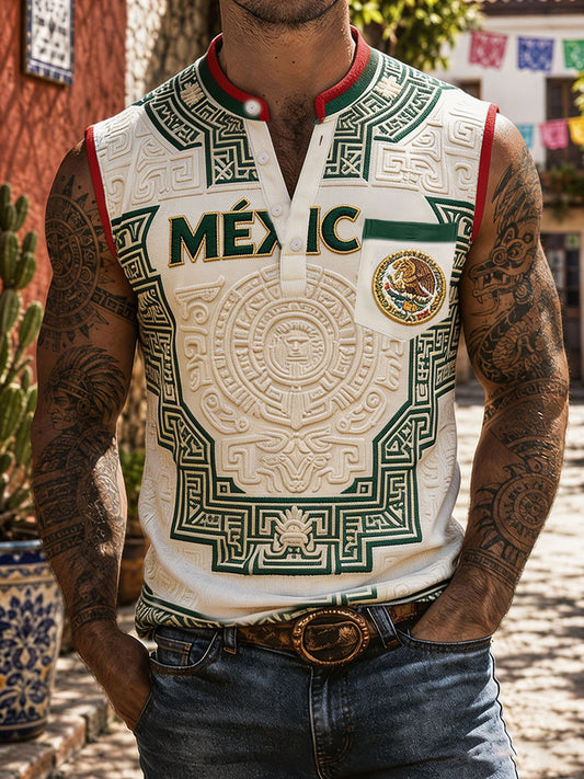 Camisetas sin mangas de lino con estampado artístico del orgullo mexicano para hombre