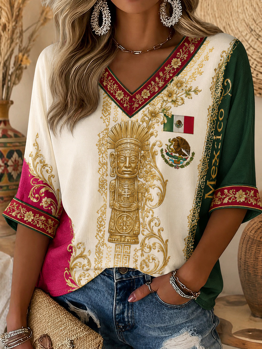 Camiseta de cuello en V con estampado artístico de elemento de animación para partido de fútbol femenino mexicano