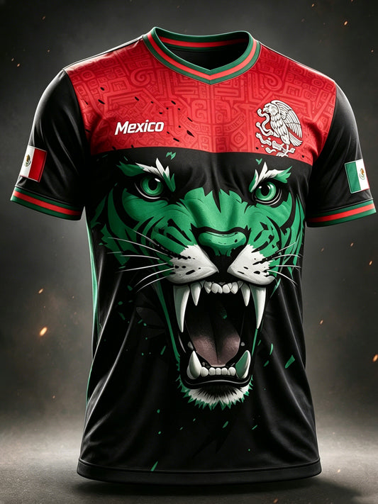 Camiseta con estampado artístico de elementos de animación en un partido de fútbol mexicano para hombre