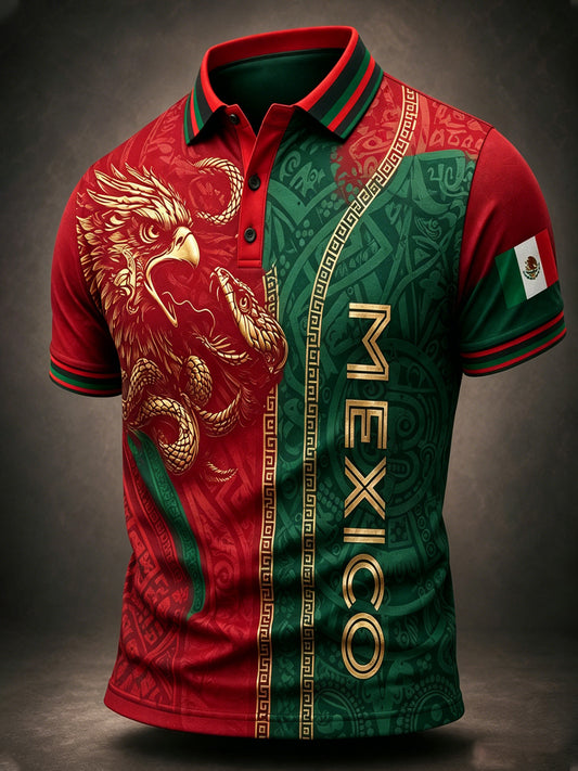 Estampado artístico de polo con motivo de animación en un partido de fútbol mexicano para hombre