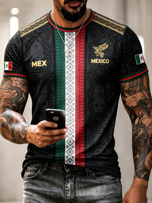 Camiseta con estampado artístico de elementos de animación en un partido de fútbol mexicano para hombre