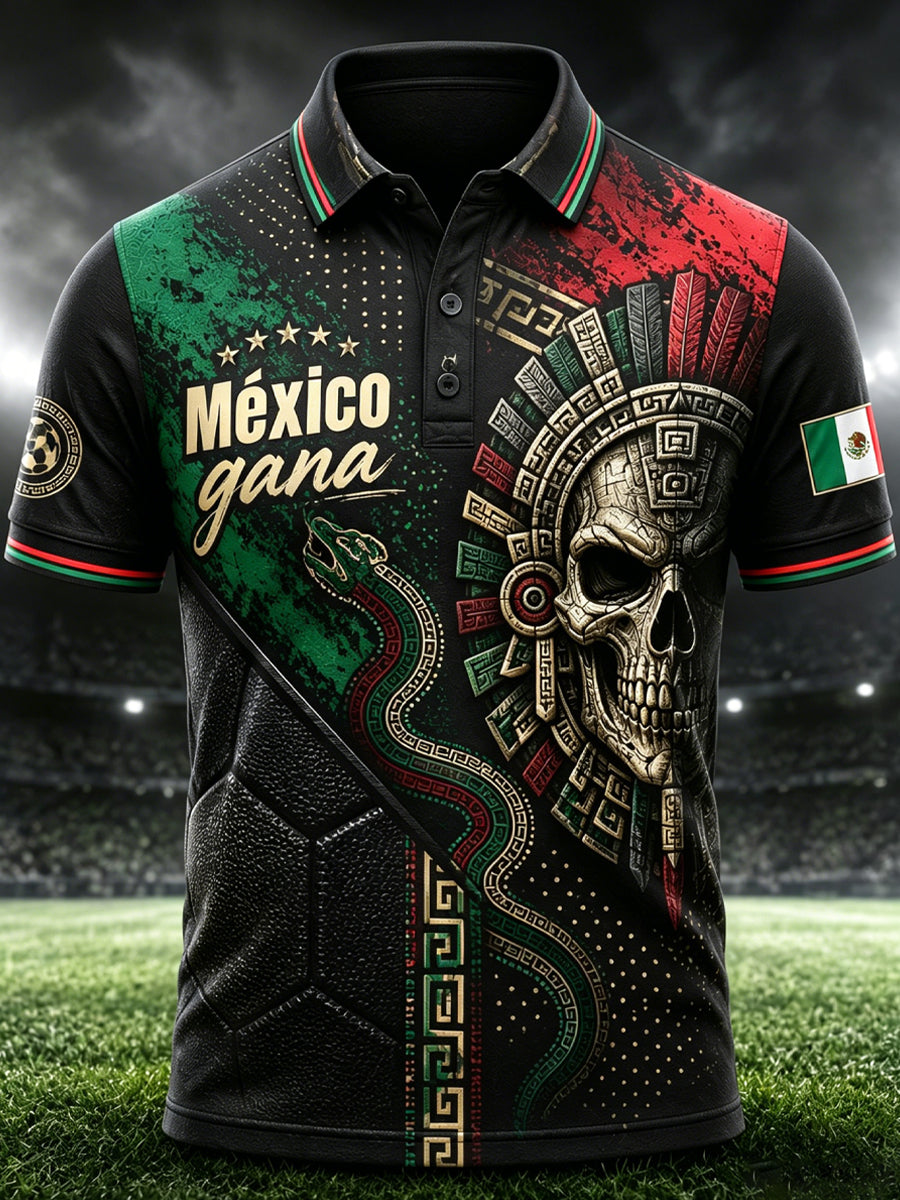 Estampado artístico de polo con motivo de animación en un partido de fútbol mexicano para hombre
