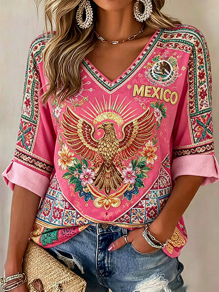 Camiseta de lino con estampado artístico mexicano para mujer