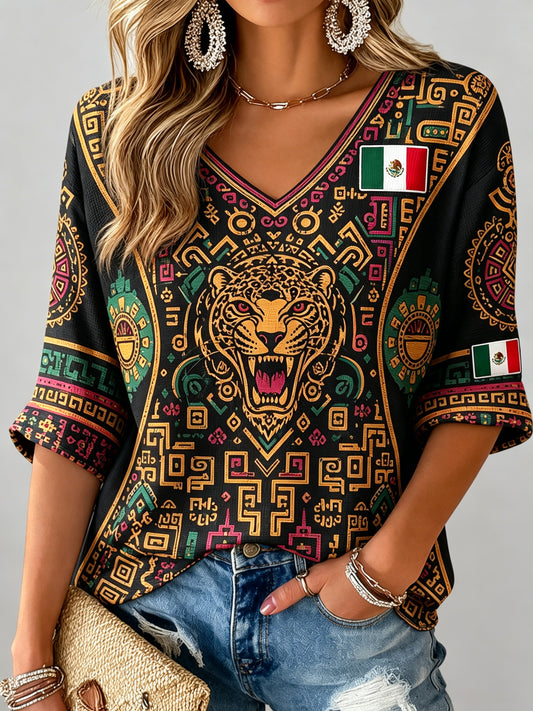 Estampado artístico de elemento de animación con pizza y fútbol mexicano para mujer en la parte superior