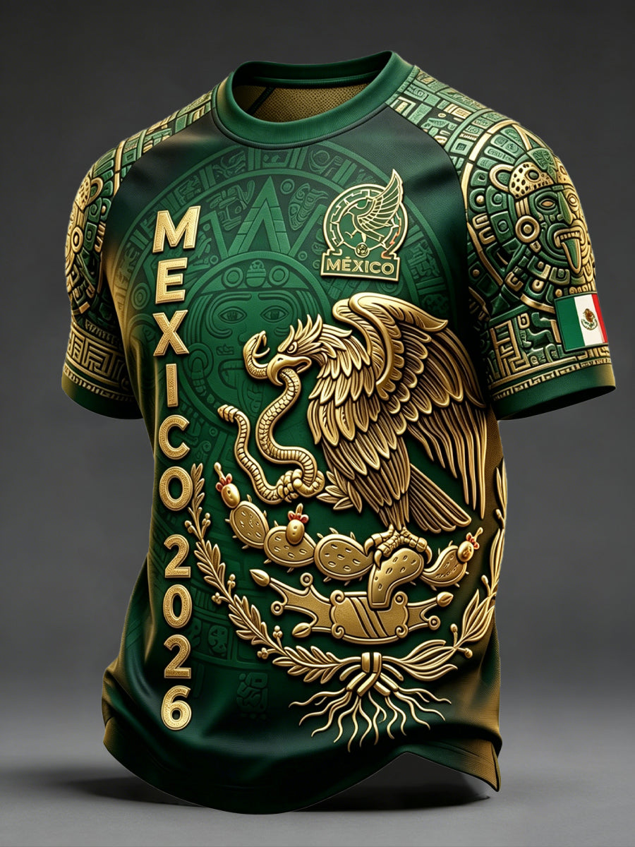 Camiseta de manga corta con estampado artístico del partido de fútbol mexicano masculino