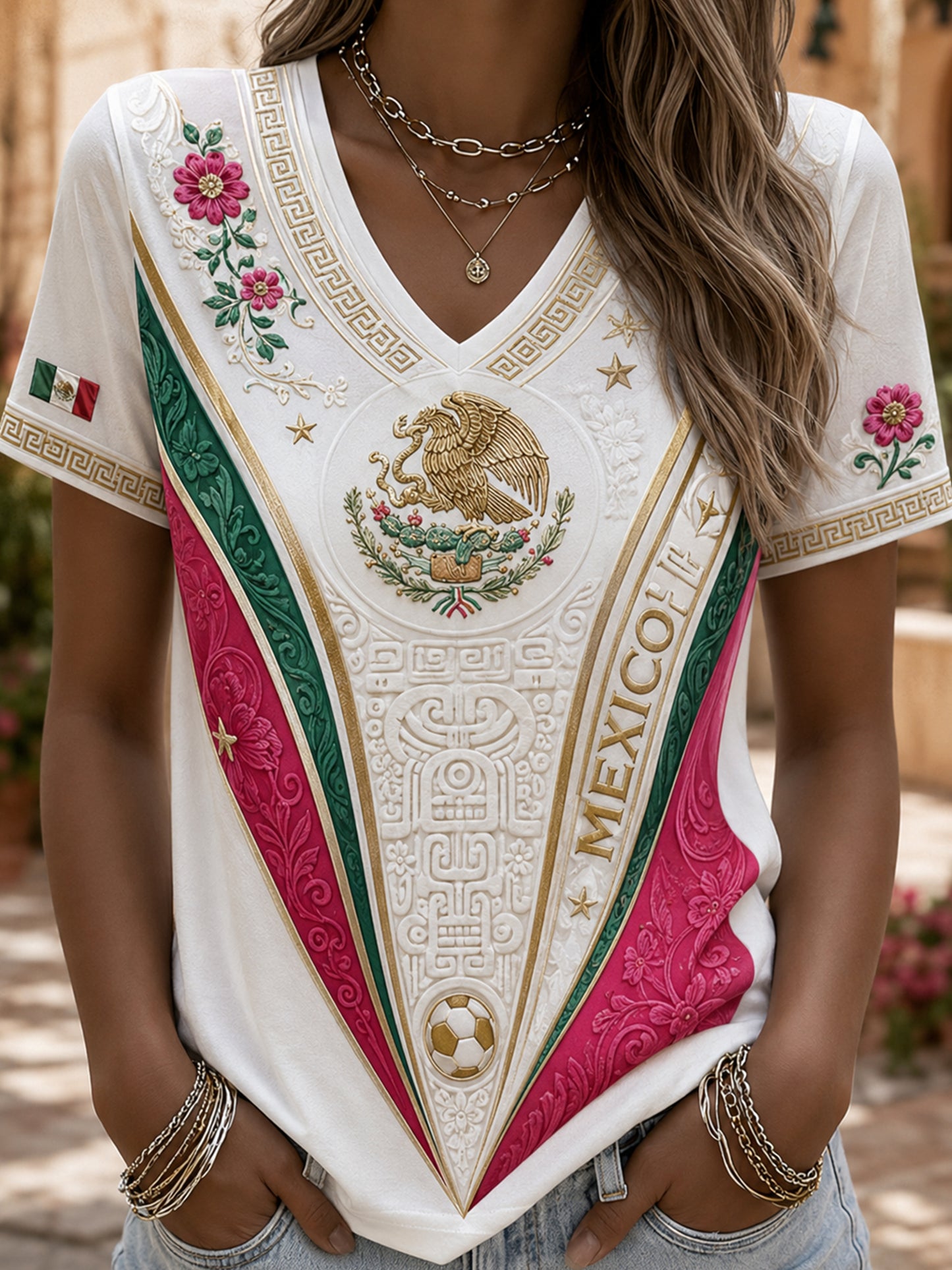Camiseta con estampado artístico de animación a un partido de fútbol femenino mexicano
