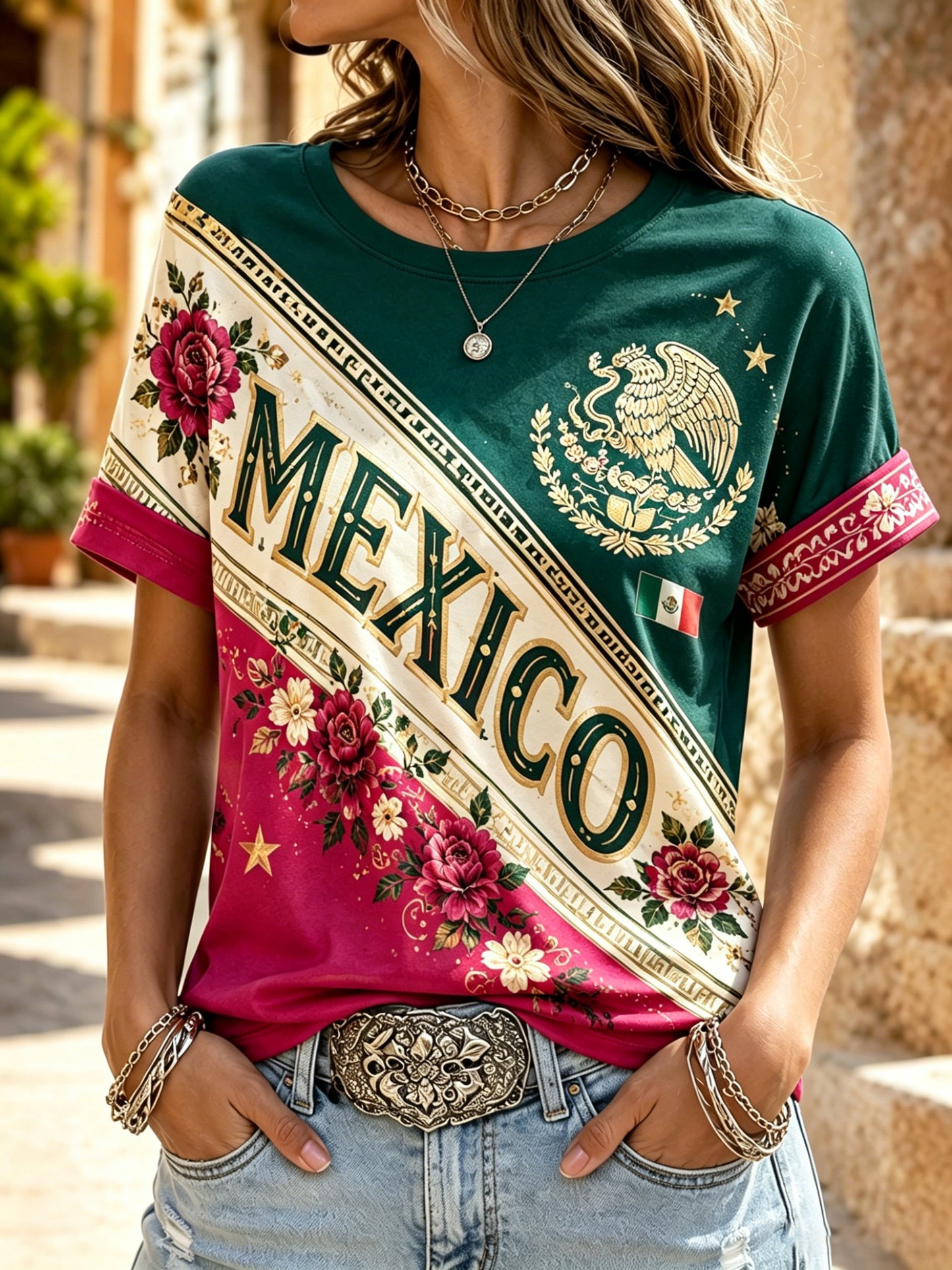Camiseta con estampado artístico de animación a un partido de fútbol femenino mexicano