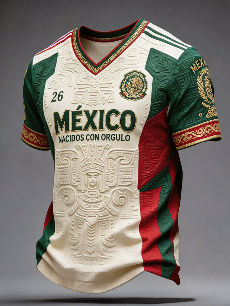 Camiseta con cuello en V impresa del arte del amante del fútbol de México de los hombres