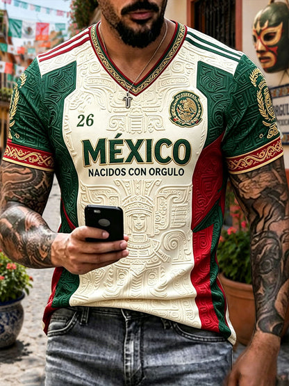 Camiseta con cuello en V impresa del arte del amante del fútbol de México de los hombres