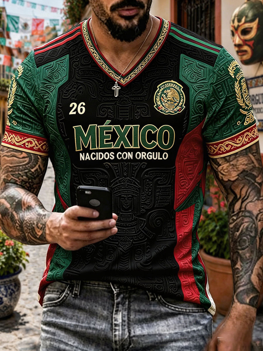 Camiseta con cuello en V impresa del arte del amante del fútbol de México de los hombres