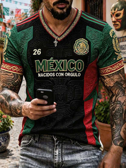 Camiseta con cuello en V impresa del arte del amante del fútbol de México de los hombres