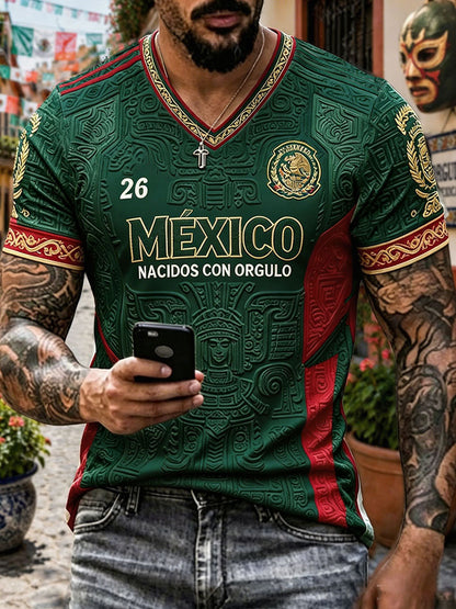 Camiseta con cuello en V impresa del arte del amante del fútbol de México de los hombres